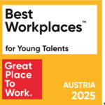 Auszeichnungsbadge von Best Workplace for Young Talents 2025, Gelbes Siegel mit Rot und schwarzer Schrift