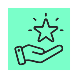 Ein Icon mit einer Hand, die einen Stern hält auf türkisem Hintergrund