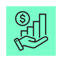 Ein Icon mit einer Hand, die eine Geldmünze und eine Statistik-Grafik hält auf türkisemHintergrund