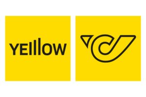 zwei Logos in gelb mit schwarzer schrift der Marke