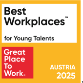Auszeichnungsbadge von Best Workplace for Young Talents 2025, Gelbes Siegel mit Rot und schwarzer Schrift